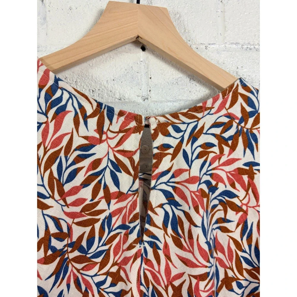 Lands End Linen Shift Dress Womens 1X Multi Color Leaf Print Sleeveless Pockets